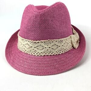 Womens Pink Straw Fedora Hat Hatter Company Ivory Lace Bow One Size Cap Trilby